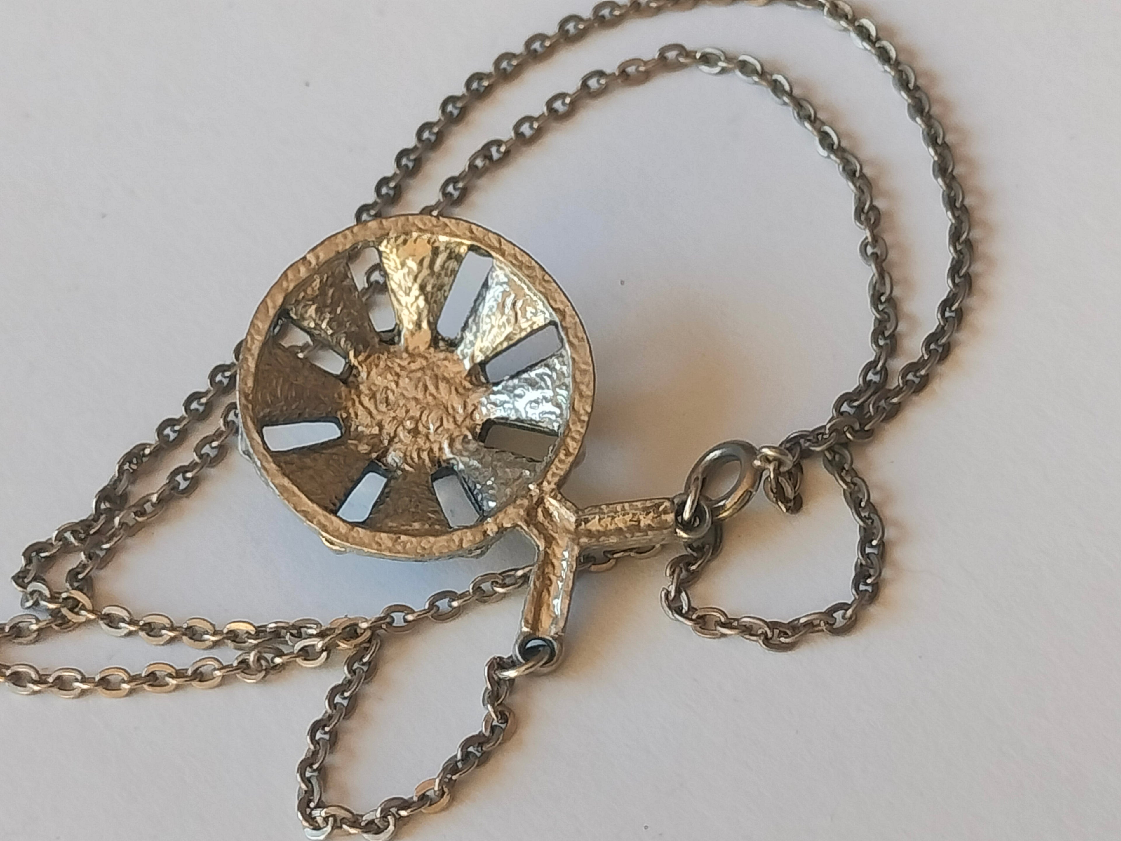 Vintage pendant necklace, tiger eye stone, pewter, Nordic brutalist