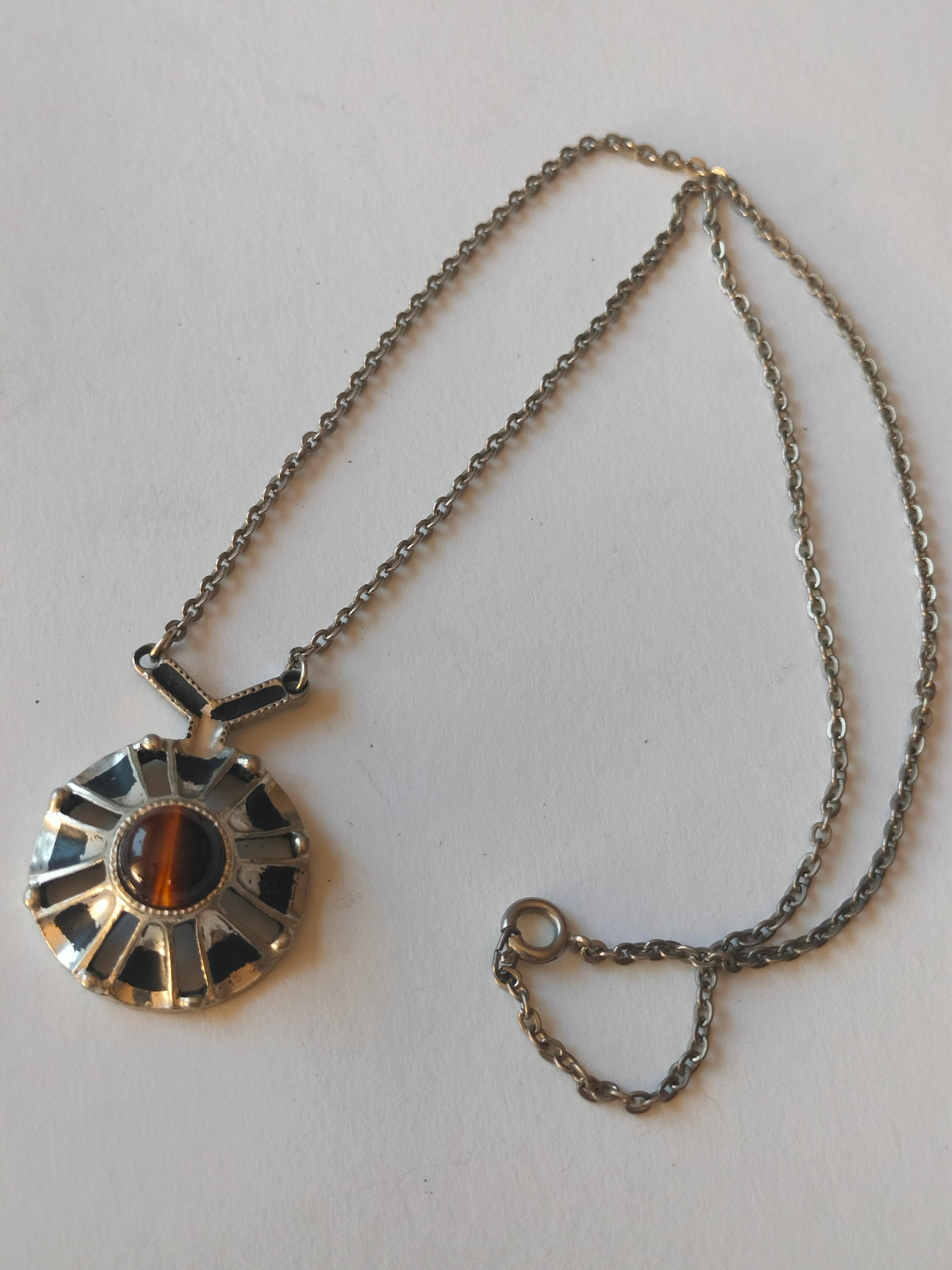 Vintage pendant necklace, tiger eye stone, pewter, Nordic brutalist