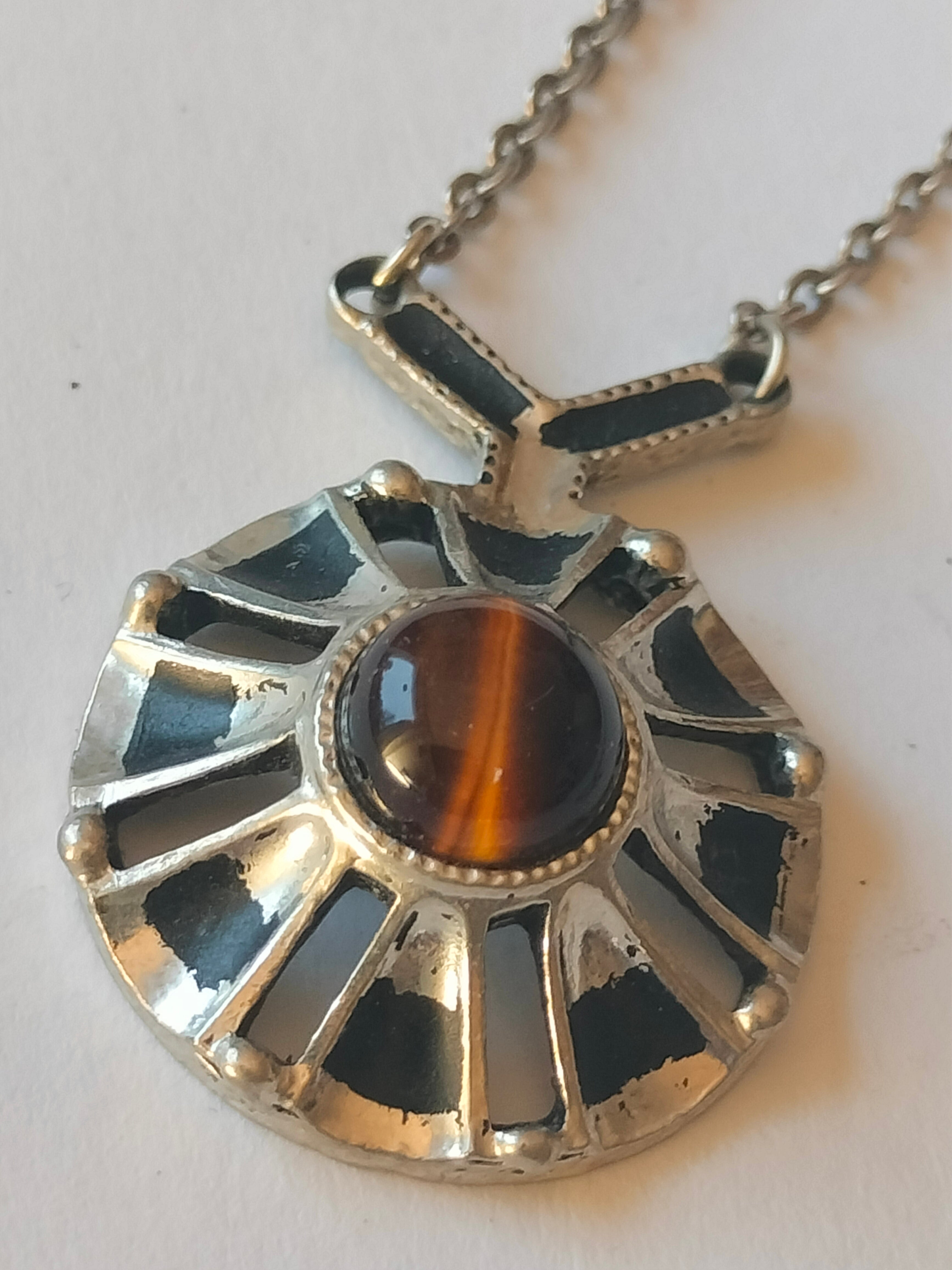 Vintage pendant necklace, tiger eye stone, pewter, Nordic brutalist