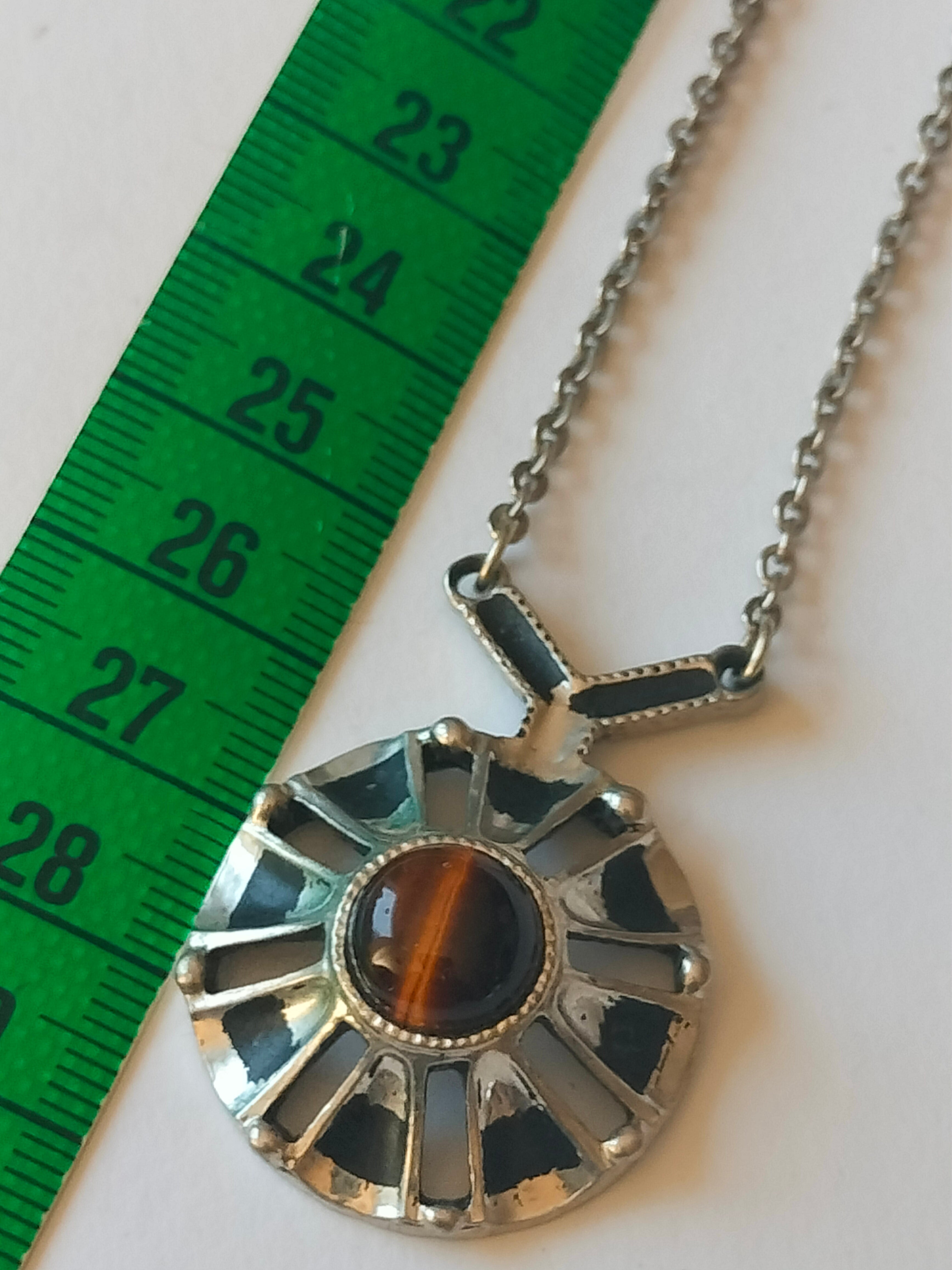 Vintage pendant necklace, tiger eye stone, pewter, Nordic brutalist
